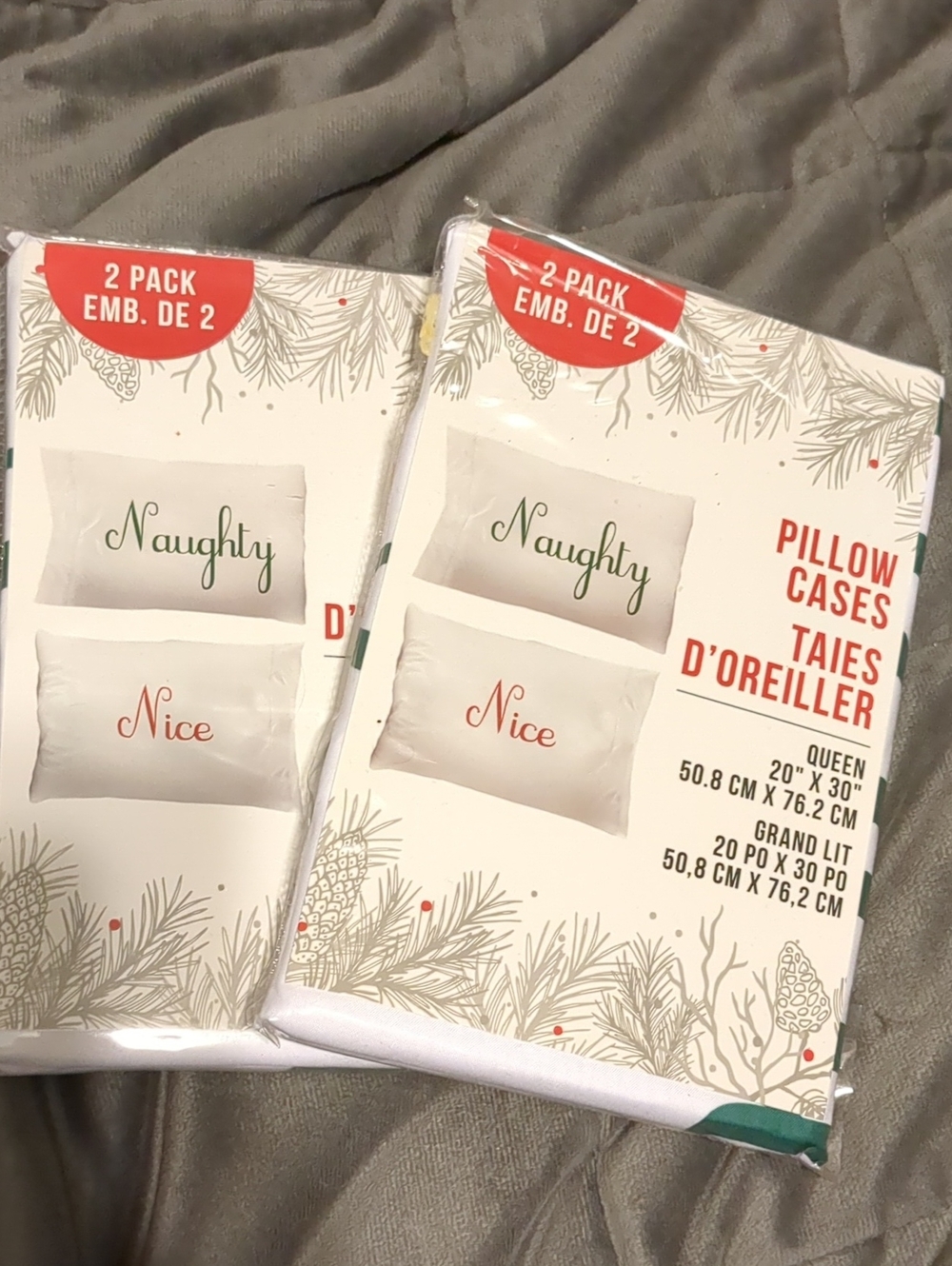 Holiday "Naughty" and "Nice" Embroidered Pillowcase Set - White